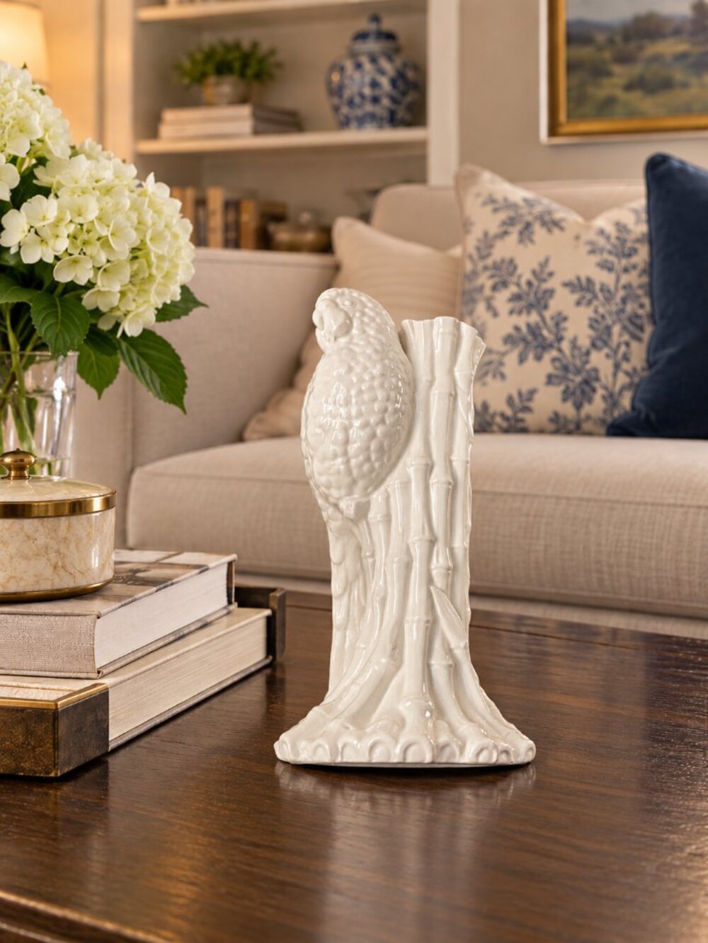 vintage Fitz & Floyd white ceramic parrot and bamboo candlestick holder